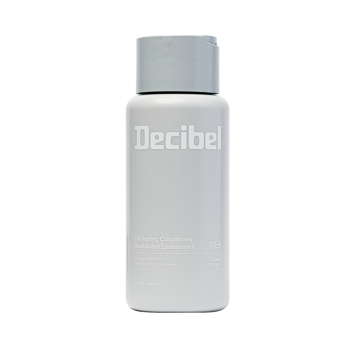 Thickening Conditioner van Decibel, lichtgrijze flacon met wit logo