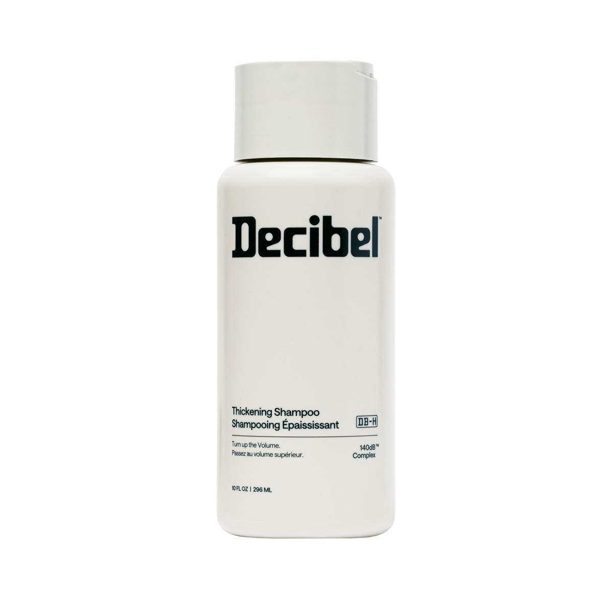 Thickening Shampoo van Decibel, witte flacon met zwart logo