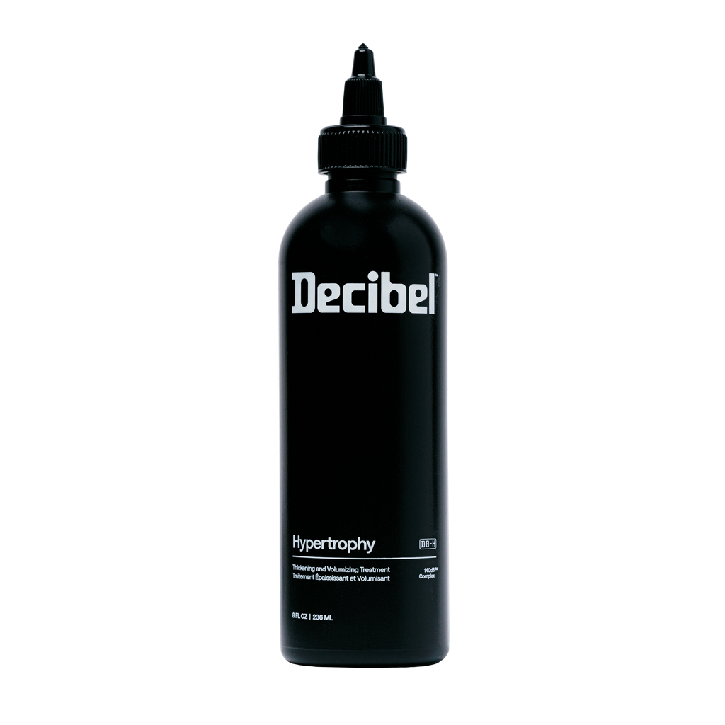 Hypertrophy Thickening and Volumizing Treatment van Decibel, zwarte flacon met fijne tuit