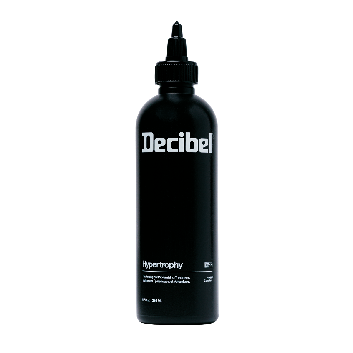 Hypertrophy Thickening and Volumizing Treatment van Decibel, zwarte flacon met fijne tuit